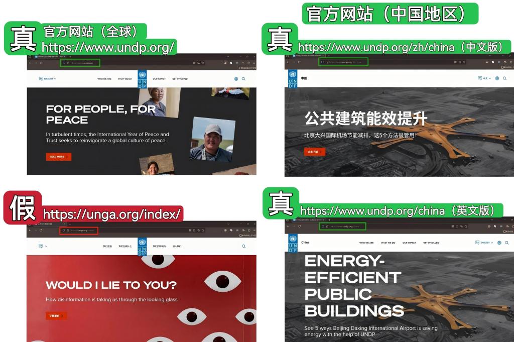 “四川中青人才科技研究院”伪造网站与UNDP官方网站的对比图。图片来源：联合国微信公众号