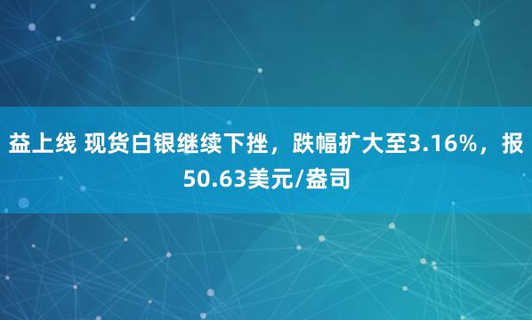 益上线 现货白银继续下挫，跌幅扩大至3.16%，报50.63美元/盎司